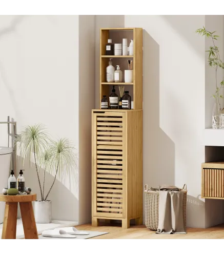 Armario de Baño Alto de Bambú Estrecha con 3 Estantes Abiertos Puerta de Lamas Baldas Ajustables 34x30x170 cm Natural