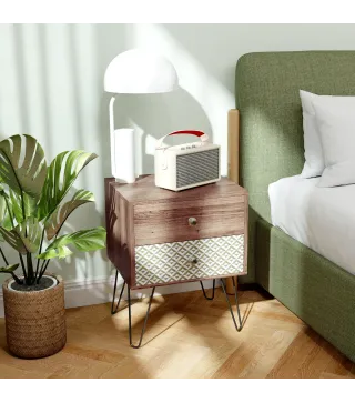 Mesita de Noche con 2 Cajones Patas de Acero Estilo Bohemio para Dormitorio Salón 45x39x55,5 cm Marrón