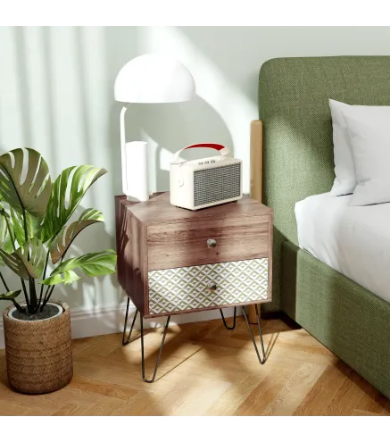 Mesita de Noche con 2 Cajones Patas de Acero Estilo Bohemio para Dormitorio Salón 45x39x55,5 cm Marrón