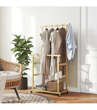 Perchero Colgador de Ropa de Bambú con Ruedas Estante para Zapatos 2 Barras para Colgar 80x40x160 cm Natural