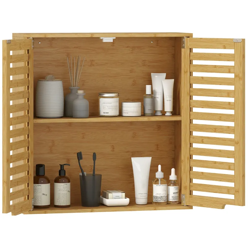 Armario de Baño de Pared de Bambú Mueble de Baño Colgante con Estante Ajustable Puertas de Lamas Natural