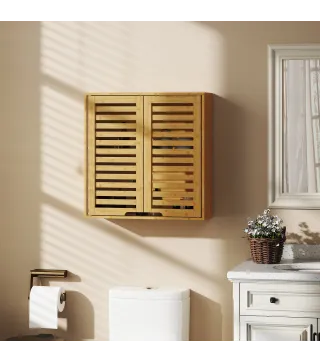 Armario de Baño de Pared de Bambú Mueble de Baño Colgante con Estante Ajustable Puertas de Lamas Natural