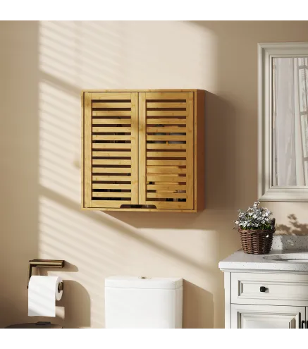 Armario de Baño de Pared de Bambú Mueble de Baño Colgante con Estante Ajustable Puertas de Lamas Natural
