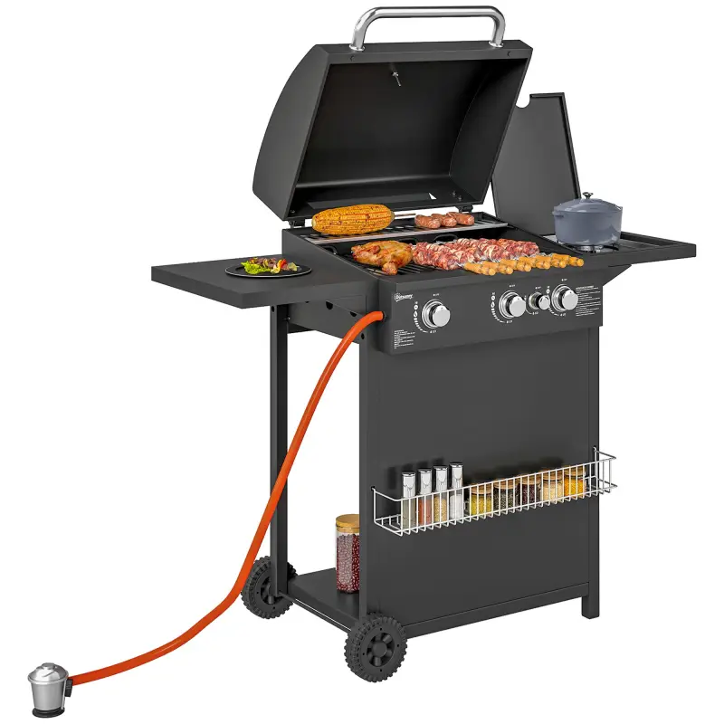 Barbacoa de Gas con 3 Quemadores Parrilla para 5-9 Personas Quemador Lateral Termómetro y Ruedas 123x58x98 cm Negro