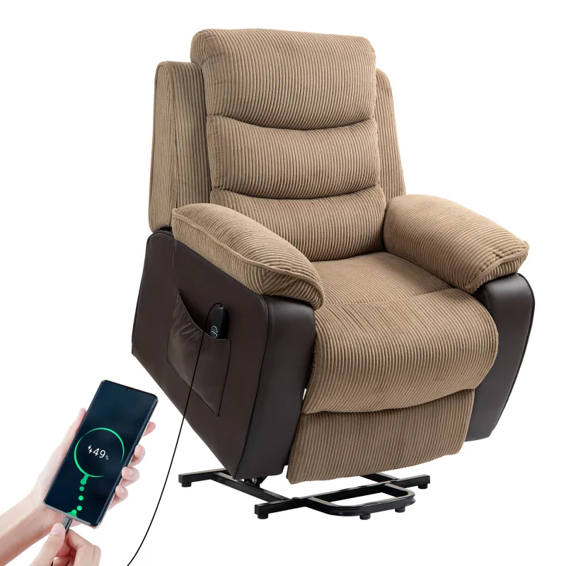 Sillón Relax Reclinable Eléctrico Levanta Personas con Mando a Distancia Puerto USB y Bolsillos Laterales Marrón