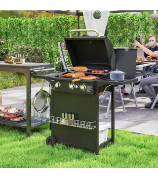 Barbacoa de Gas con 3 Quemadores Parrilla para 5-9 Personas Quemador Lateral Termómetro y Ruedas 123x58x98 cm Negro