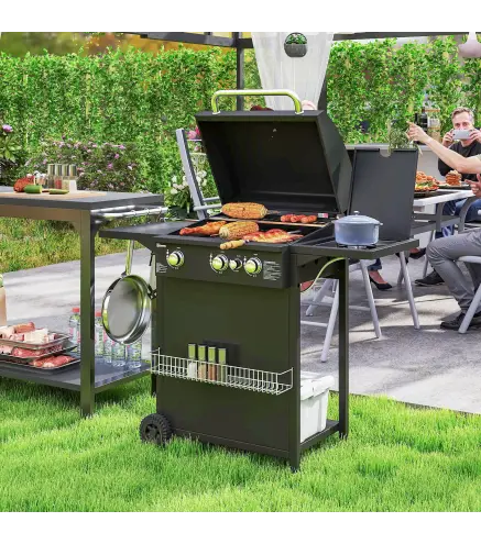 Barbacoa de Gas con 3 Quemadores Parrilla para 5-9 Personas Quemador Lateral Termómetro y Ruedas 123x58x98 cm Negro