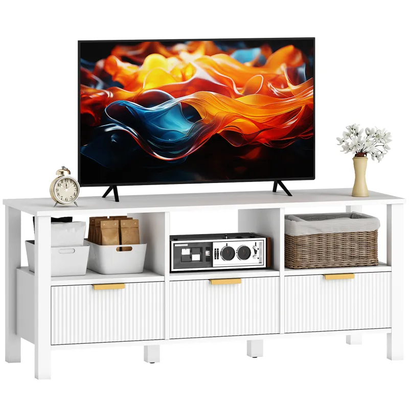 Mueble de TV Moderno con 3 Cajones y 3 Estantes Abiertos para Televisión 43-55 Pulgadas 120x39,5x50 cm Blanco Mueble de TV Moderno con 3 Cajones y 3 Estantes Abiertos para Televisión 43-55 Pulgadas 120x39,5x50 cm Blanco