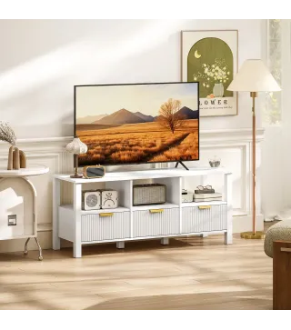 Mueble de TV Moderno con 3 Cajones y 3 Estantes Abiertos para Televisión 43-55 Pulgadas 120x39,5x50 cm Blanco