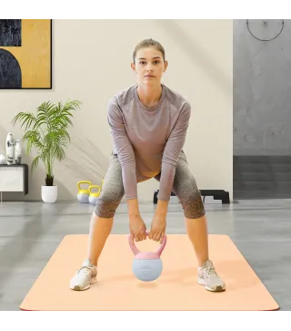 Pesa Rusa 4 kg Kettlebell Relleno de Arena Metálica y Mango Antideslizante para Entreno en Casa 19x15x25 cm Rosa y Gris