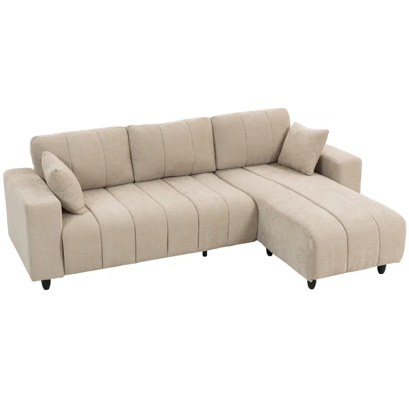 Sofá Chaise Longue Reversible de 3 Plazas 2 Almohadas Tapizado en Lino Marco de Acero 242x156x87 cm Beige