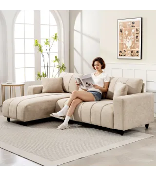 Sofá Chaise Longue Reversible de 3 Plazas 2 Almohadas Tapizado en Lino Marco de Acero 242x156x87 cm Beige