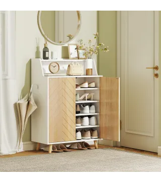 Zapatero Entrada Recibidor con 2 Puertas Estantes Ajustables y Compartimento Abierto 75x35x104 cm Blanco y Natural
