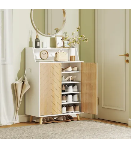 Zapatero Entrada Recibidor con 2 Puertas Estantes Ajustables y Compartimento Abierto 75x35x104 cm Blanco y Natural