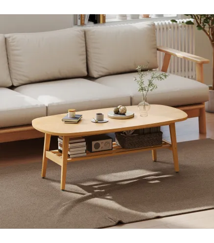 Mesa de Centro Moderna Mesa Baja con Estante Abierto y Patas de Madera para Salón Carga 100 kg 120x60x42cm Natural