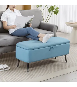 Banco de Almacenaje con Tapa Abatible y Patas de Acero para Dormitorio Salón Entrada 101x38,5x44,5 cm Azul Claro