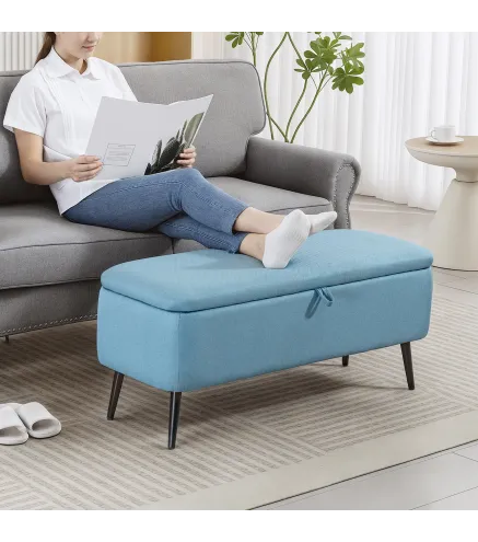 Banco de Almacenaje con Tapa Abatible y Patas de Acero para Dormitorio Salón Entrada 101x38,5x44,5 cm Azul Claro