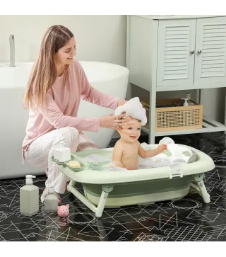 Bañera Plegable Bebé con Cojín de Baño Soporte con Botón Orificio de Drenaje y de Ducha Repisa Gancho Verde