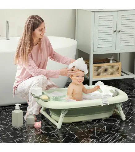 Bañera Plegable Bebé con Cojín de Baño Soporte con Botón Orificio de Drenaje y de Ducha Repisa Gancho Verde