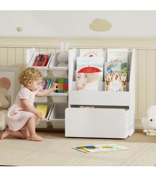 Estantería Infantil para Juguetes con 6 Cajas Extraíbles 3 Estantes Abiertos y Cajón Inferior con Ruedas para Guardería