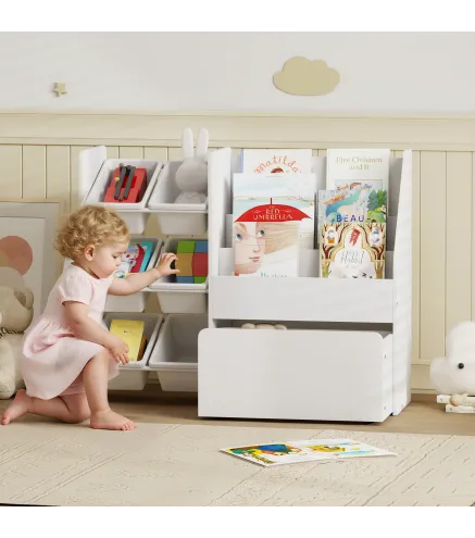 Estantería Infantil para Juguetes con 6 Cajas Extraíbles 3 Estantes Abiertos y Cajón Inferior con Ruedas para Guardería