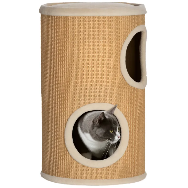 Barril Rascador para Gatos de 2 Niveles Torre Rascador para Gatos con 2 Cuevas y Cubierta de Sisal Ø35x60 cm Marrón Barril Rascador para Gatos de 2 Niveles Torre Rascador para Gatos con 2 Cuevas y Cubierta de Sisal Ø35x60 cm Marrón