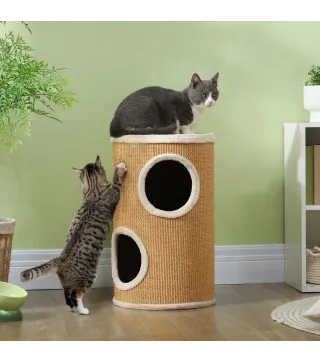 Barril Rascador para Gatos de 2 Niveles Torre Rascador para Gatos con 2 Cuevas y Cubierta de Sisal Ø35x60 cm Marrón