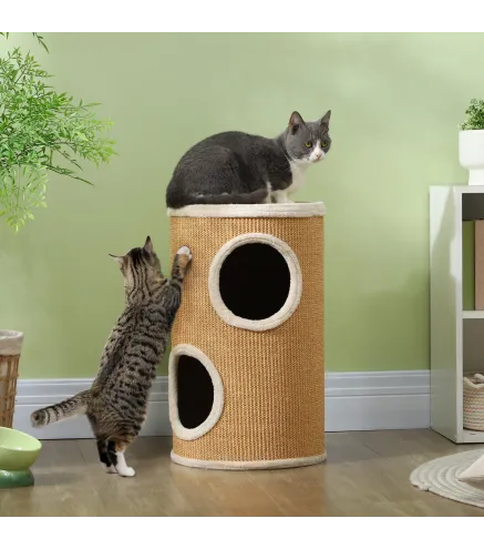 Barril Rascador para Gatos de 2 Niveles Torre Rascador para Gatos con 2 Cuevas y Cubierta de Sisal Ø35x60 cm Marrón