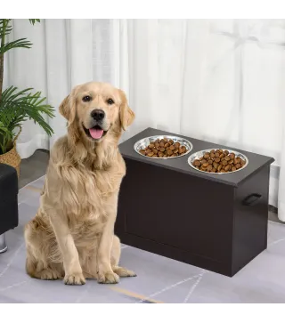 Comedero Elevado para Perros Grandes con 2 Cuencos de 2000ml y Almacenamiento Oculto 60x30x41 cm Marrón Oscuro