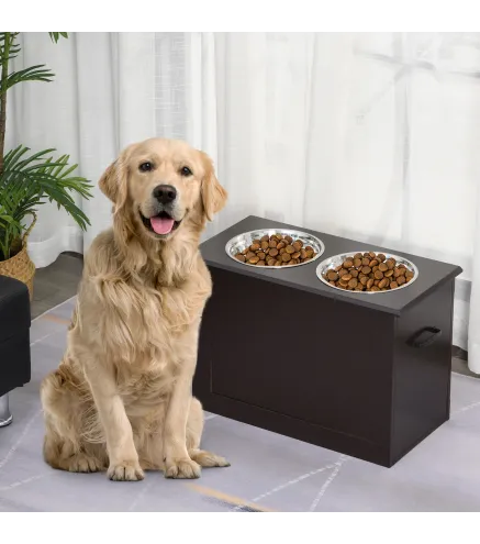 Comedero Elevado para Perros Grandes con 2 Cuencos de 2000ml y Almacenamiento Oculto 60x30x41 cm Marrón Oscuro
