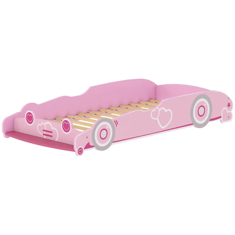 Cama Infantil 70x140 cm con Barrera Anticaídas y Somier Cabecero en Forma de Coche Rosa