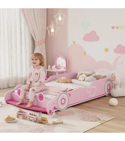 Cama Infantil 70x140 cm con Barrera Anticaídas y Somier Cabecero en Forma de Coche Rosa