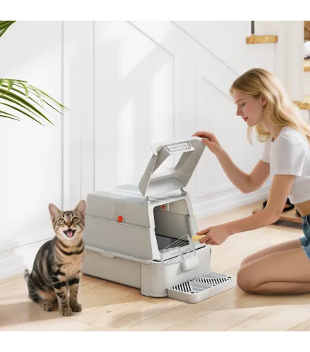 Arenero para Gatos de Acero Inoxidable XL con Tapa Abatible 180° Laterales Altos Pedal Pala Gris Claro