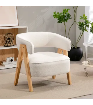 Butaca de Salón Tapizada en Borreguito Acolchada Gruesa Patas de Madera Respaldo Curvado 70x64x71 cm Blanco