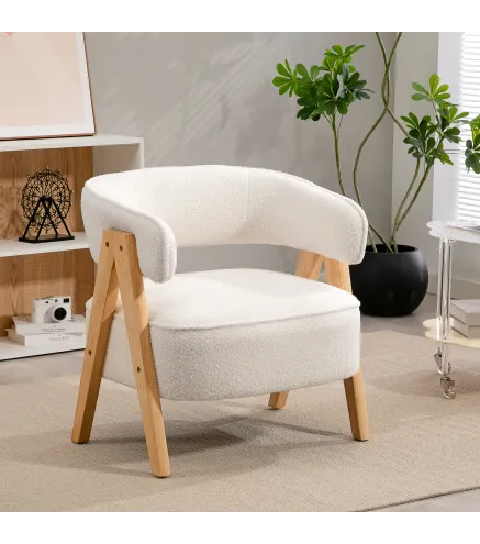 Butaca de Salón Tapizada en Borreguito Acolchada Gruesa Patas de Madera Respaldo Curvado 70x64x71 cm Blanco