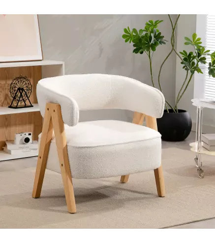 Butaca de Salón Tapizada en Borreguito Acolchada Gruesa Patas de Madera Respaldo Curvado 70x64x71 cm Blanco
