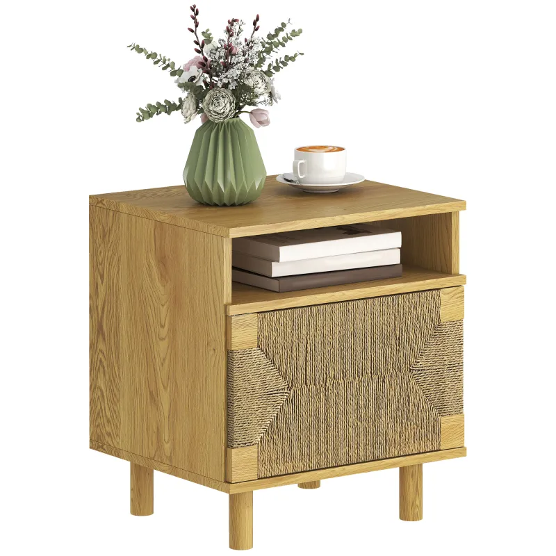 Mesita de Noche Bohemio con Puerta de Cuerda de Papel Estante Abierto Apertura por Presión 45x39x50 cm Roble