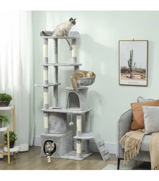 Árbol Rascador para Gatos Grande Altura 170 cm con 7 Postes 1 Túnel 3 Plataformas 2 Cuevas 1 Hamaca Gris Claro