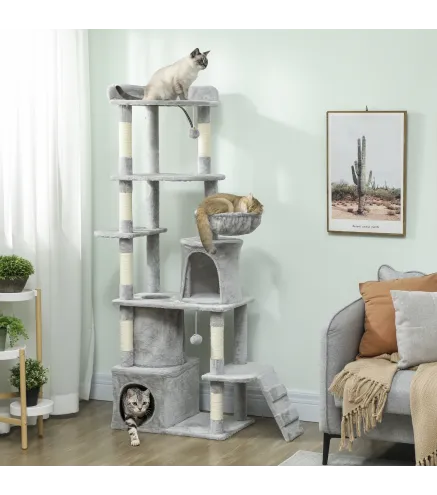 Árbol Rascador para Gatos Grande Altura 170 cm con 7 Postes 1 Túnel 3 Plataformas 2 Cuevas 1 Hamaca Gris Claro