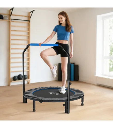 Trampolín de Fitness Adultos Ø122 cm, Cama Elástica Plegable con Mango Ajustable de 4 Niveles Negro y Azul