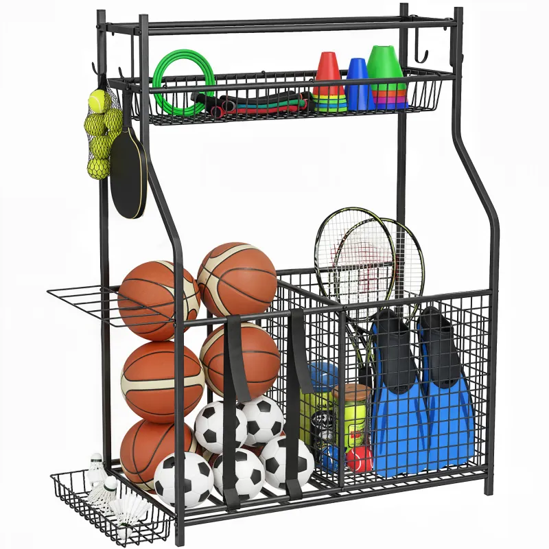 Organizador de Equipos Deportivos con Cesta Ganchos Extraibles y Bandas Elásticas para Balones de Baloncesto y Fútbol