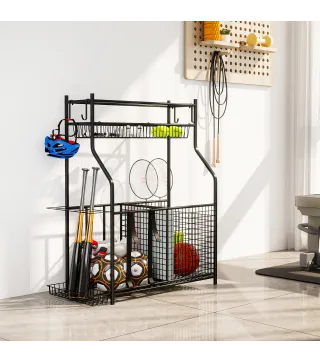 Organizador de Equipos Deportivos con Cesta Ganchos Extraibles y Bandas Elásticas para Balones de Baloncesto y Fútbol