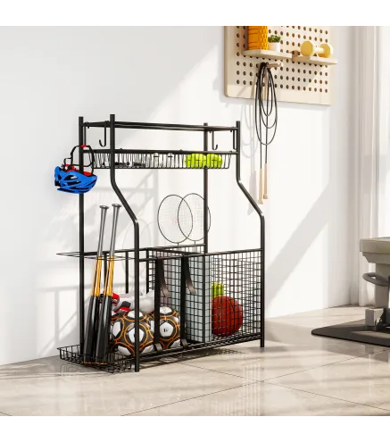 Organizador de Equipos Deportivos con Cesta Ganchos Extraibles y Bandas Elásticas para Balones de Baloncesto y Fútbol