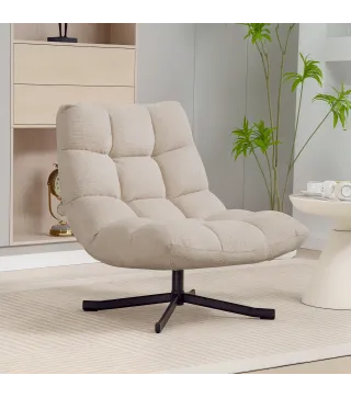 Butaca de Salón Giratoria Moderna Tapizada en Chenilla con Asiento Ancho Base Cruz y Patas de Acero Sillón Relax Crema