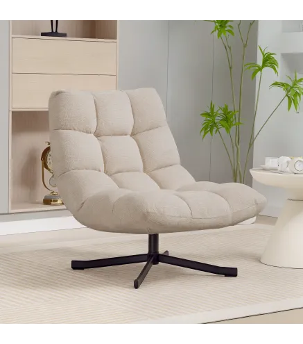 Butaca de Salón Giratoria Moderna Tapizada en Chenilla con Asiento Ancho Base Cruz y Patas de Acero Sillón Relax Crema