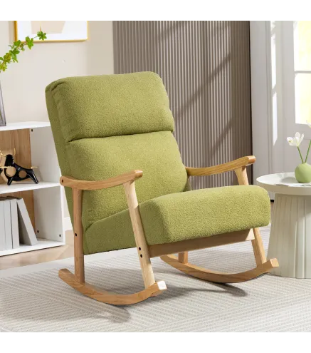 Silla Mecedora de Borreguito con Patas y Reposabrazos de Madera de Caucho Mecedora Carga 120 kg Verde Claro