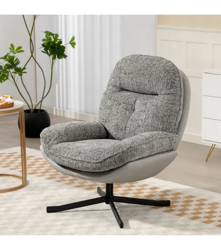 Butaca de Salón Giratoria Moderna Tapizada en Chenilla y Cuero PU con Asiento Ancho Base de Cruz Sillón Relax Gris