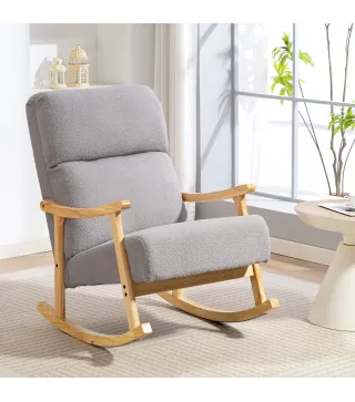 Silla Mecedora de Borreguito con Patas y Reposabrazos de Madera de Caucho Mecedora Carga 120 kg Gris Claro