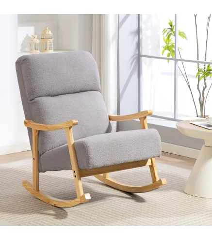 Silla Mecedora de Borreguito con Patas y Reposabrazos de Madera de Caucho Mecedora Carga 120 kg Gris Claro