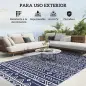 Alfombra de Exterior Reversible 182x274 cm con Patrón Geométrico de Cenefa Impermeable con Bolsa Azul y Blanco